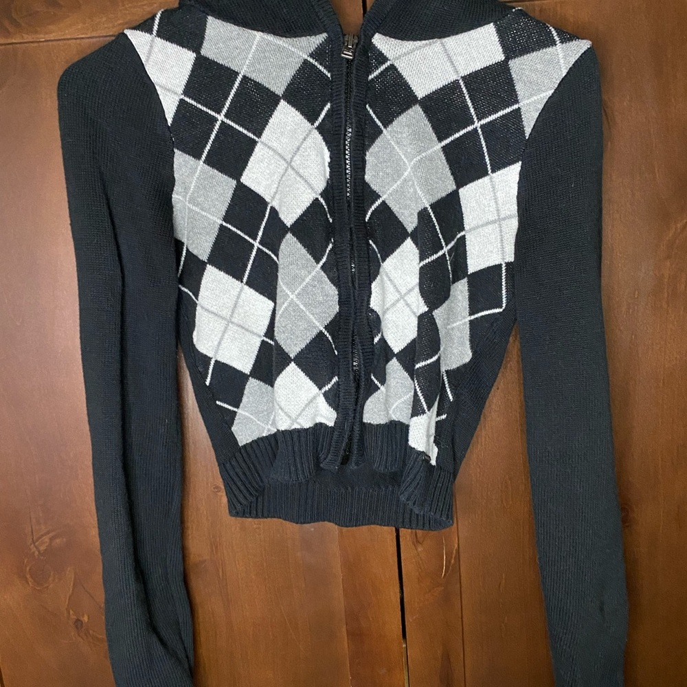Blue, white, and gray Hollister, zip up, hooded cardigan, size small!